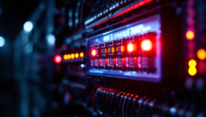 A photograph of a close-up shot of a 480 3-phase indicator light panel in a dimly lit environment