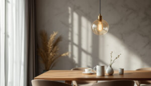A photograph of a beautifully designed light pendant in a stylish interior setting