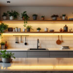 A photograph of a beautifully designed kitchen or workspace featuring elegant under-shelf lighting that highlights the shelves and enhances the overall ambiance