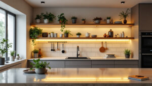 A photograph of a beautifully designed kitchen or workspace featuring elegant under-shelf lighting that highlights the shelves and enhances the overall ambiance