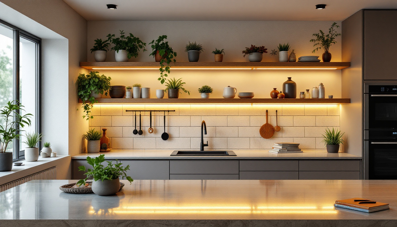 A photograph of a beautifully designed kitchen or workspace featuring elegant under-shelf lighting that highlights the shelves and enhances the overall ambiance