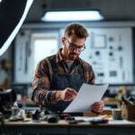 A photograph of a skilled lighting contractor meticulously reviewing a detailed checklist while surrounded by various lighting equipment and tools in a well-lit workspace