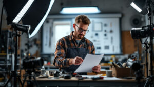 A photograph of a skilled lighting contractor meticulously reviewing a detailed checklist while surrounded by various lighting equipment and tools in a well-lit workspace