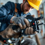 A photograph of a skilled lighting contractor using a wire puller tool in a dynamic work environment