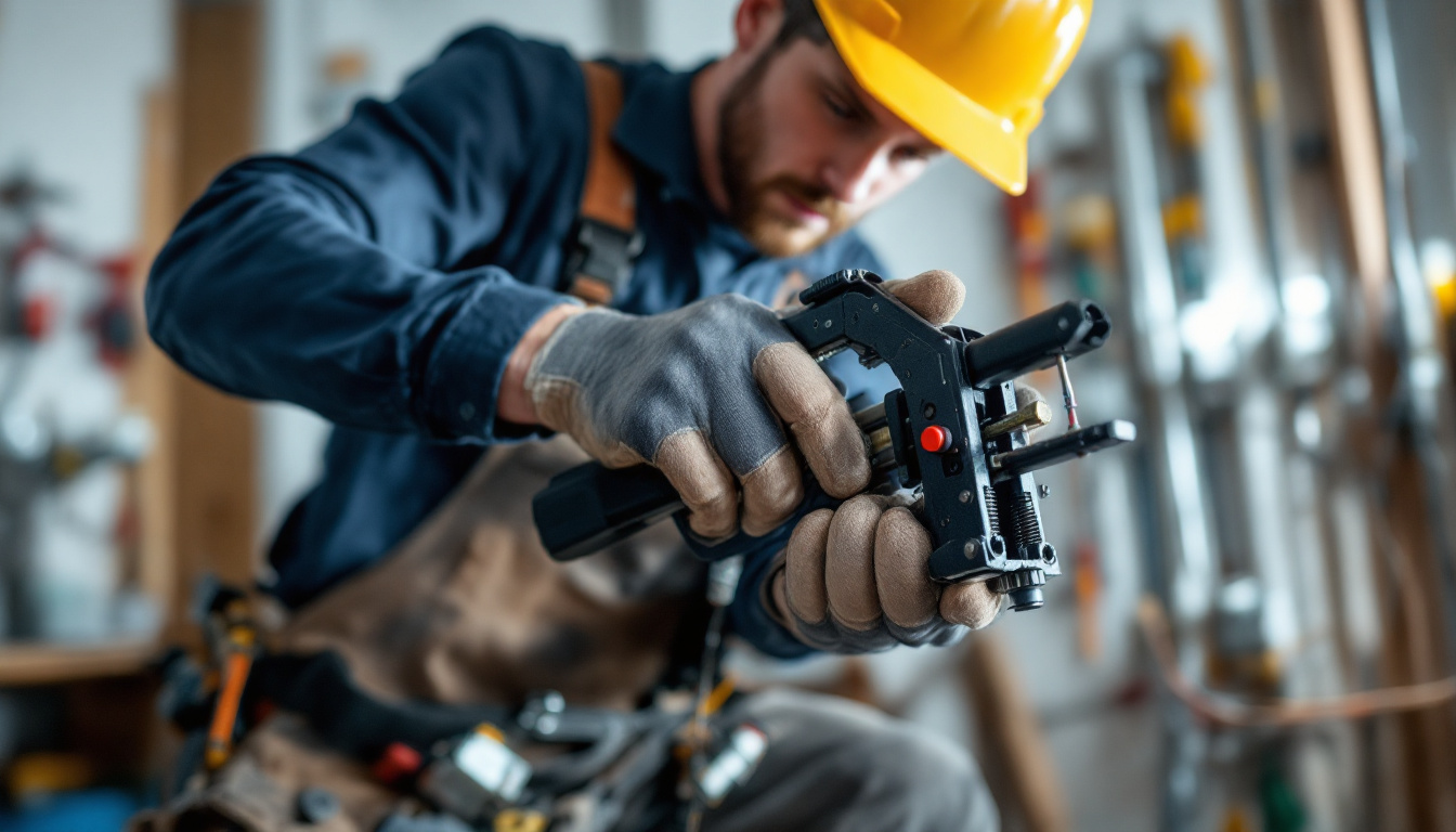 A photograph of a skilled lighting contractor using a wire puller tool in a dynamic work environment