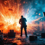 A photograph of a dramatic scene featuring a lighting contractor working with various light sources