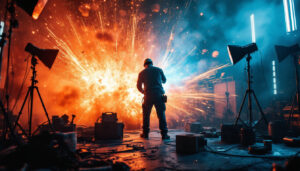 A photograph of a dramatic scene featuring a lighting contractor working with various light sources