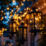 A photograph of a beautifully illuminated outdoor space featuring stylish lantern lights