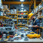 A photograph of a well-organized electrical warehouse showcasing an extensive inventory of lighting tools and equipment
