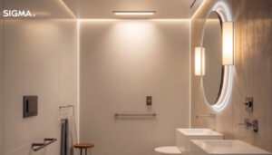 A photograph of a well-lit bathroom featuring a sleek recessed shower light installation