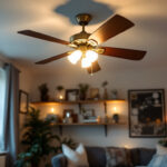 A photograph of a well-lit room featuring a stylish ceiling fan with integrated lights