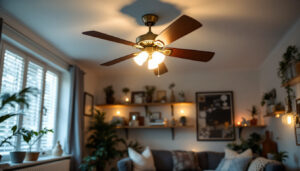 A photograph of a well-lit room featuring a stylish ceiling fan with integrated lights