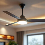 A photograph of a modern ceiling fan with integrated light fixtures in a stylish living space