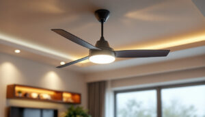 A photograph of a modern ceiling fan with integrated light fixtures in a stylish living space