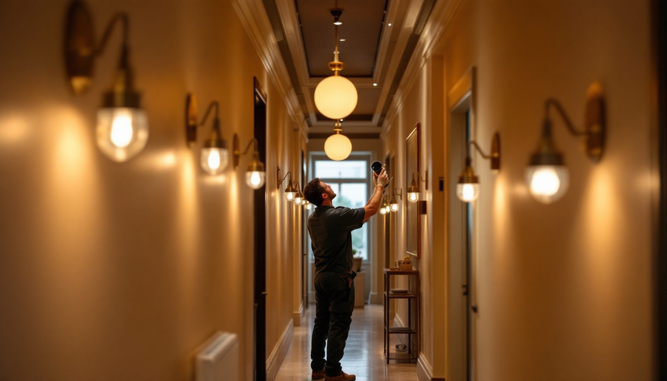 A photograph of a well-lit hallway featuring stylish lamps and lighting fixtures