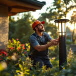 A photograph of a lighting contractor installing a solar lamp in a residential garden