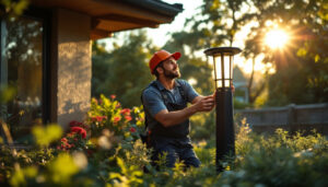 A photograph of a lighting contractor installing a solar lamp in a residential garden