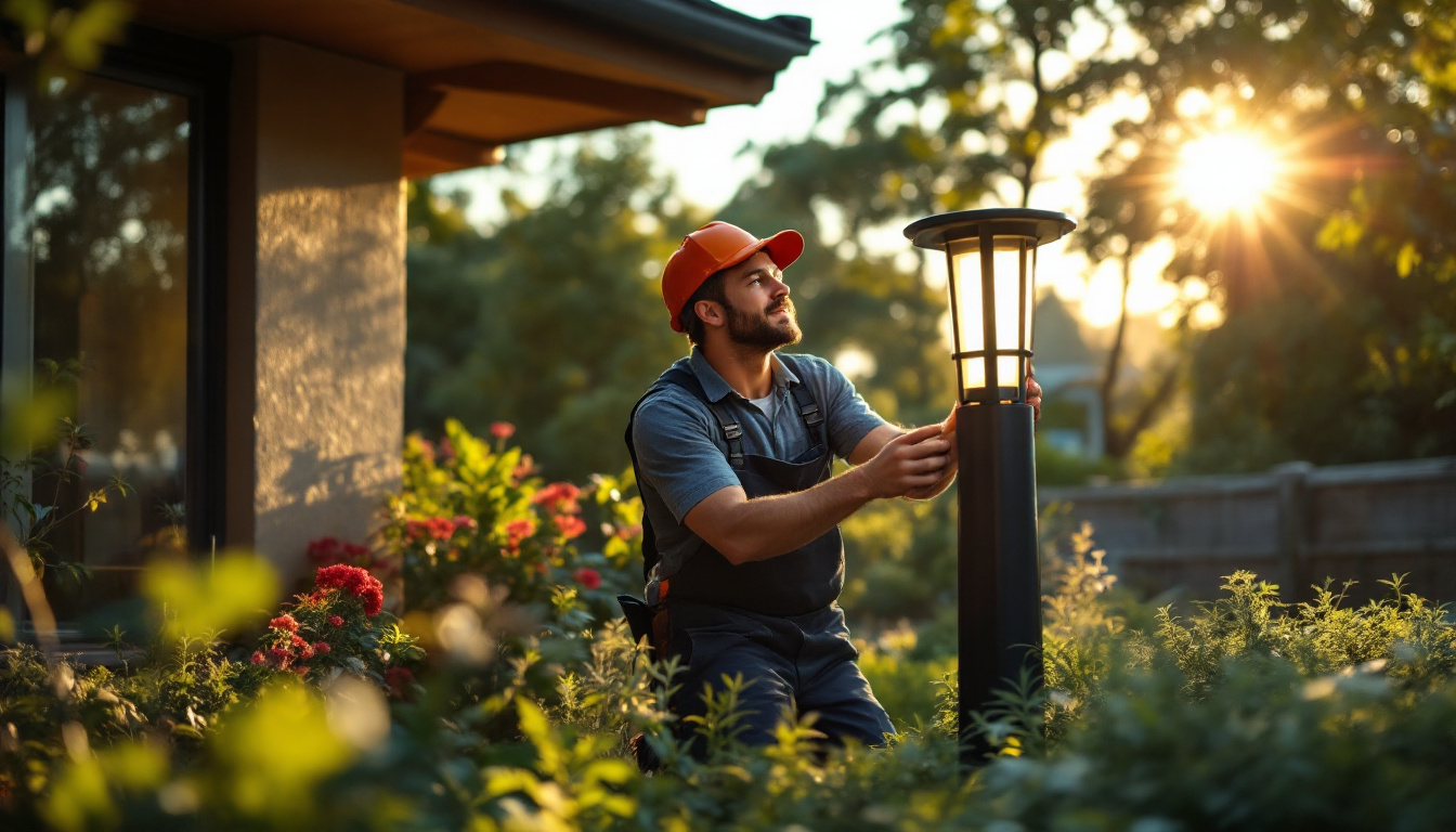 A photograph of a lighting contractor installing a solar lamp in a residential garden