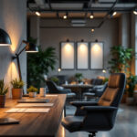 A photograph of a modern office space featuring stylish