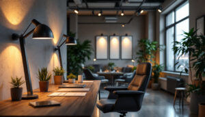 A photograph of a modern office space featuring stylish