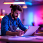 A photograph of a lighting contractor examining an rgb led light installation in a modern workspace