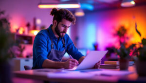 A photograph of a lighting contractor examining an rgb led light installation in a modern workspace