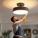 A photograph of a skilled lighting contractor installing a stylish ceiling mount light in a beautifully designed room