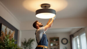 A photograph of a skilled lighting contractor installing a stylish ceiling mount light in a beautifully designed room