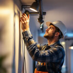 A photograph of a lighting contractor skillfully installing track lighting in a modern interior space