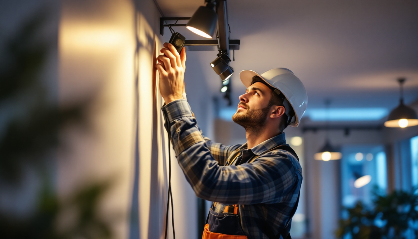 A photograph of a lighting contractor skillfully installing track lighting in a modern interior space