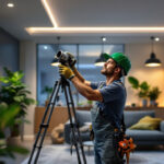 A photograph of a lighting contractor installing energy-efficient green led fixtures in a modern home setting