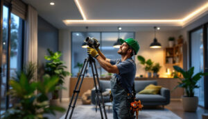 A photograph of a lighting contractor installing energy-efficient green led fixtures in a modern home setting