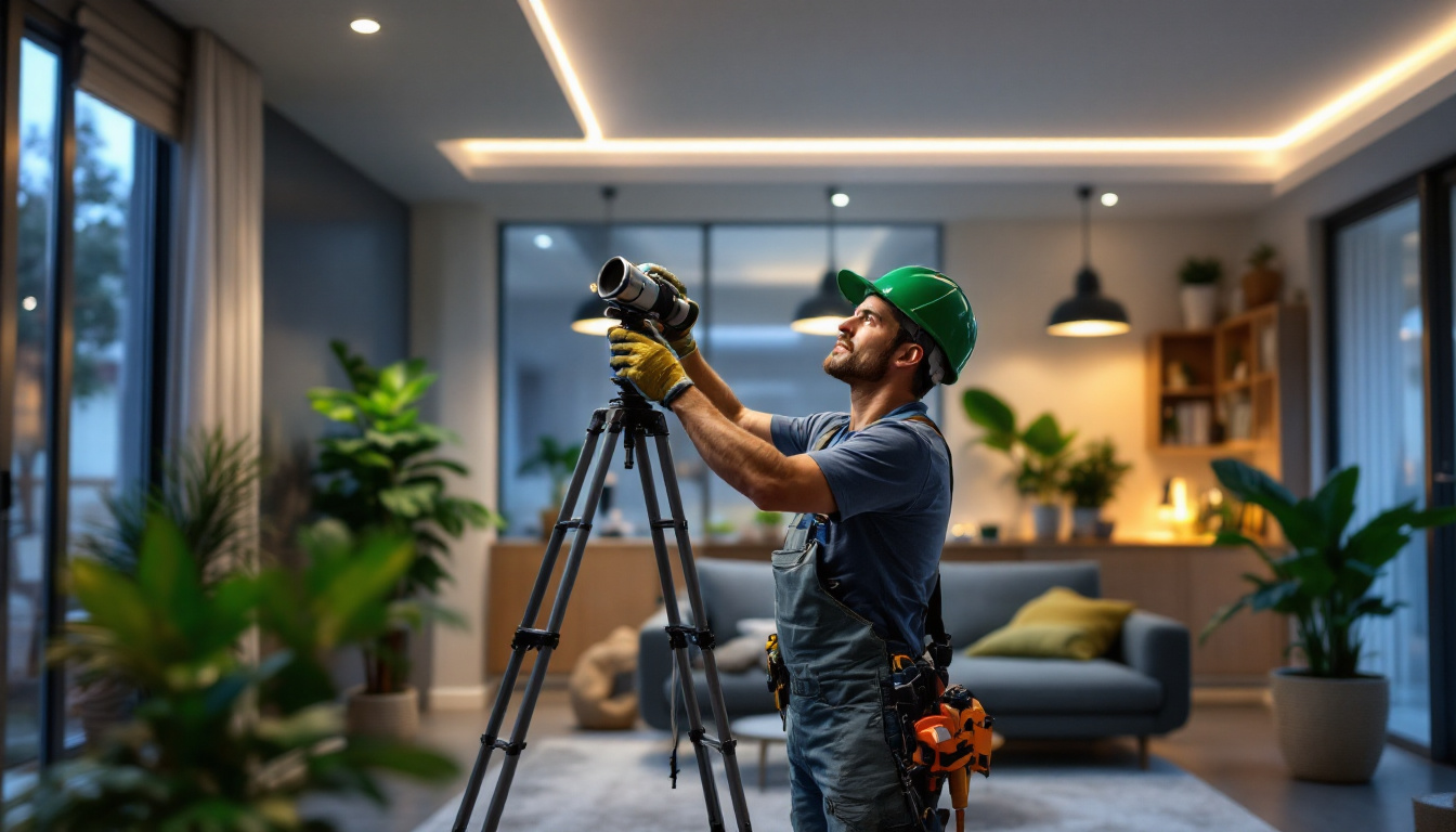 A photograph of a lighting contractor installing energy-efficient green led fixtures in a modern home setting