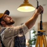 A photograph of a skilled electrician or diy enthusiast installing a mounting bracket for a light fixture in a well-lit room