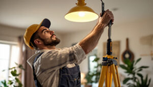 A photograph of a skilled electrician or diy enthusiast installing a mounting bracket for a light fixture in a well-lit room