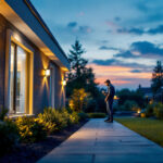 A photograph of a well-lit outdoor space at dusk