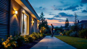 A photograph of a well-lit outdoor space at dusk