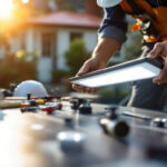 A photograph of capture a photograph of a lighting contractor installing flat solar lights on a residential property