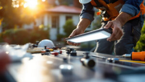 A photograph of capture a photograph of a lighting contractor installing flat solar lights on a residential property