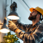 A photograph of a lighting contractor in action