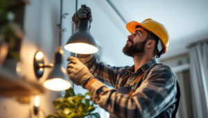 A photograph of a lighting contractor in action