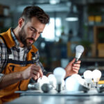 A photograph of a lighting contractor carefully examining various a19 bulbs in a well-lit workspace