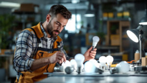 A photograph of a lighting contractor carefully examining various a19 bulbs in a well-lit workspace