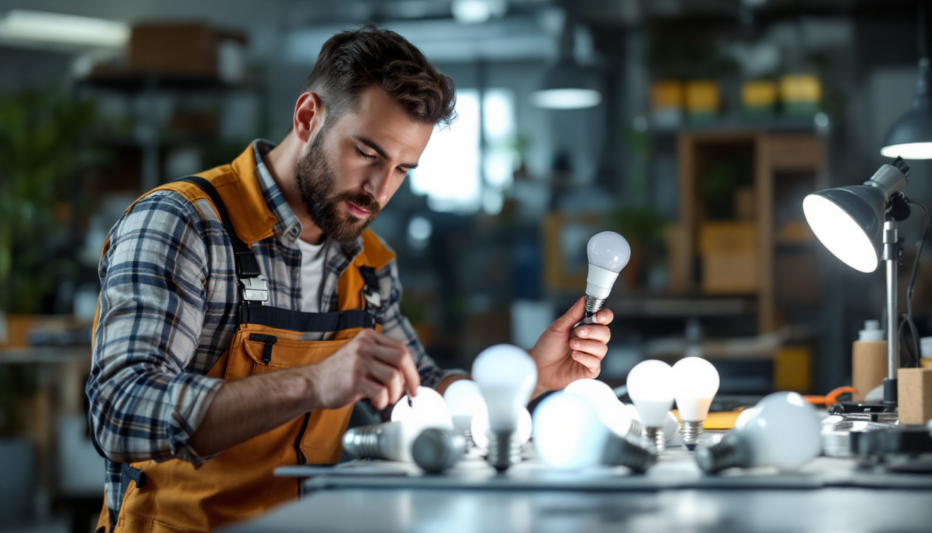 A photograph of a lighting contractor carefully examining various a19 bulbs in a well-lit workspace