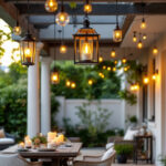 A photograph of a beautifully designed outdoor space featuring a variety of hanging lantern light fixtures