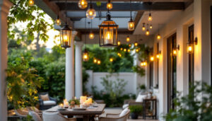 A photograph of a beautifully designed outdoor space featuring a variety of hanging lantern light fixtures
