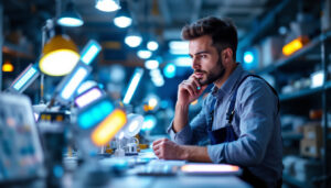 A photograph of a lighting contractor thoughtfully examining a variety of led lights in a well-organized shop