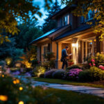 A photograph of a beautifully illuminated garden at dusk