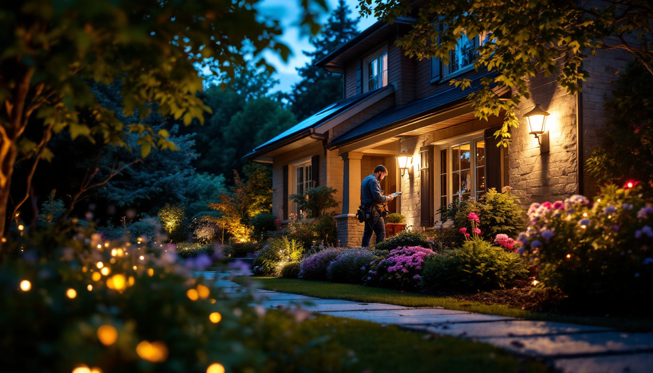 A photograph of a beautifully illuminated garden at dusk