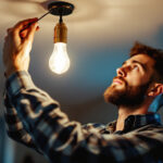A photograph of a lighting contractor skillfully installing or adjusting a flicker light in a residential or commercial setting